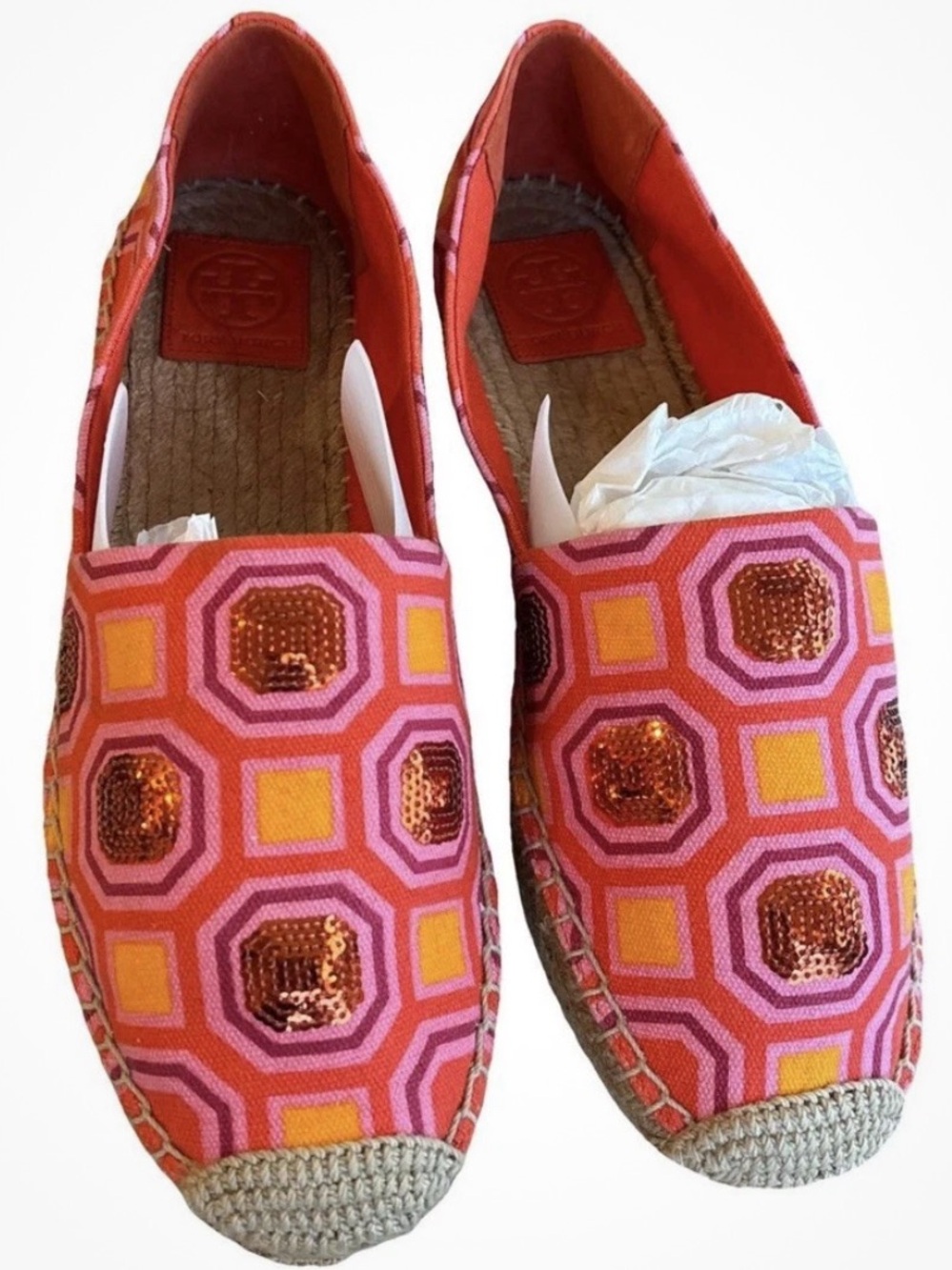 Tory Burch Coral and Pink Geometric Sequin Espadrille Slip-On